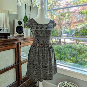 BeBop, Grey and Black Geometric Dress with Belt, Size S
